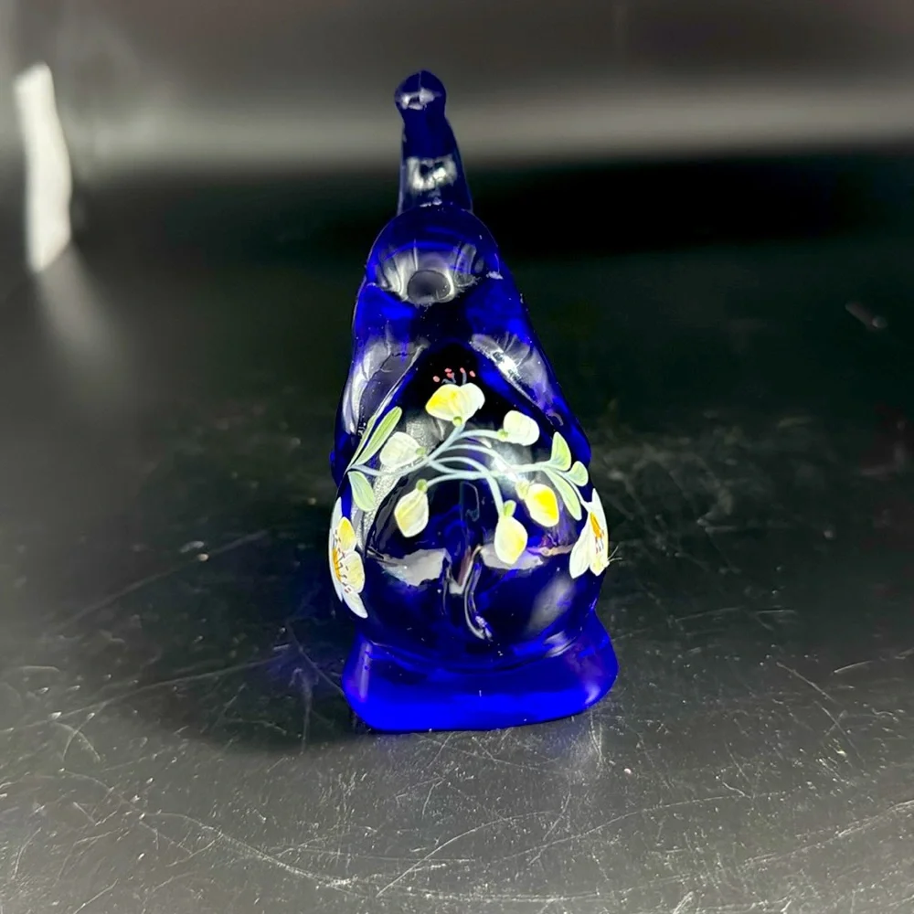 Fenton Cobalt Blue Glass Elephant Figurine with Hand Painted Floral Design - Picture 2 of 6
